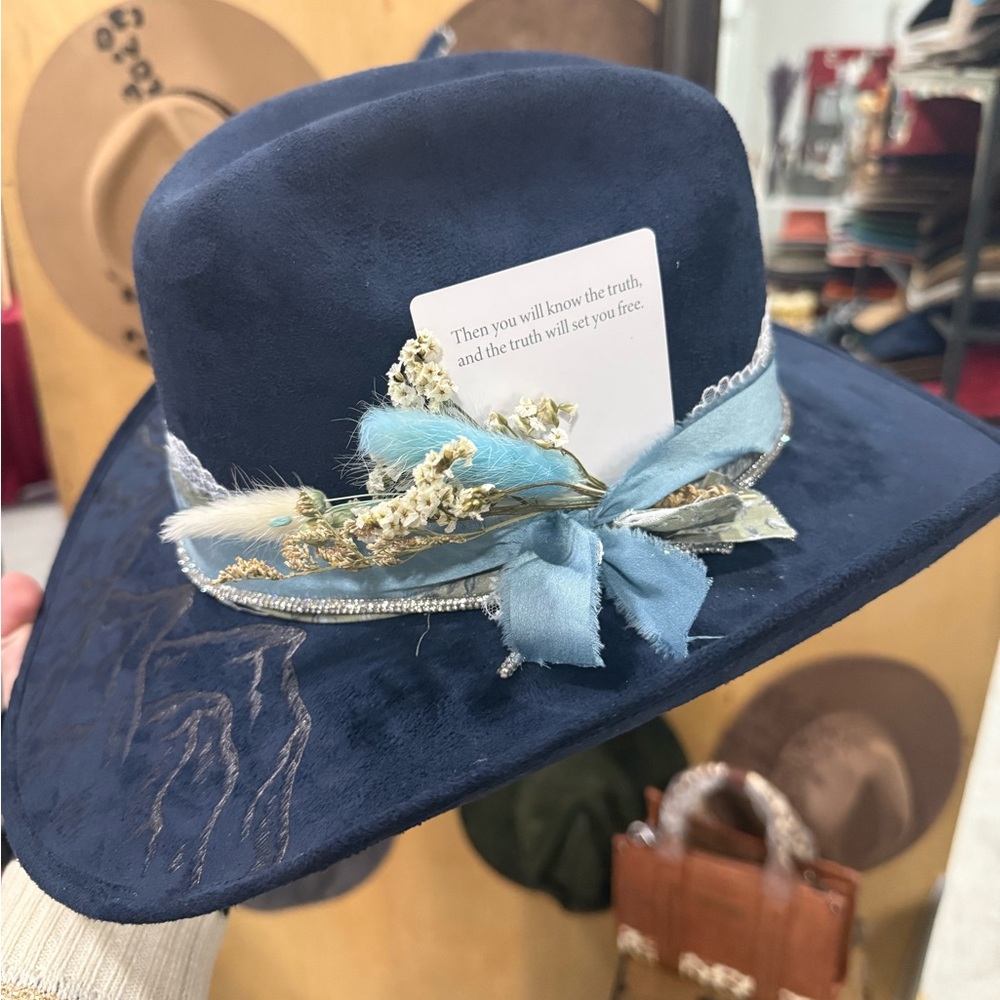 Elegant Blue cowboy Hat with Floral Accent